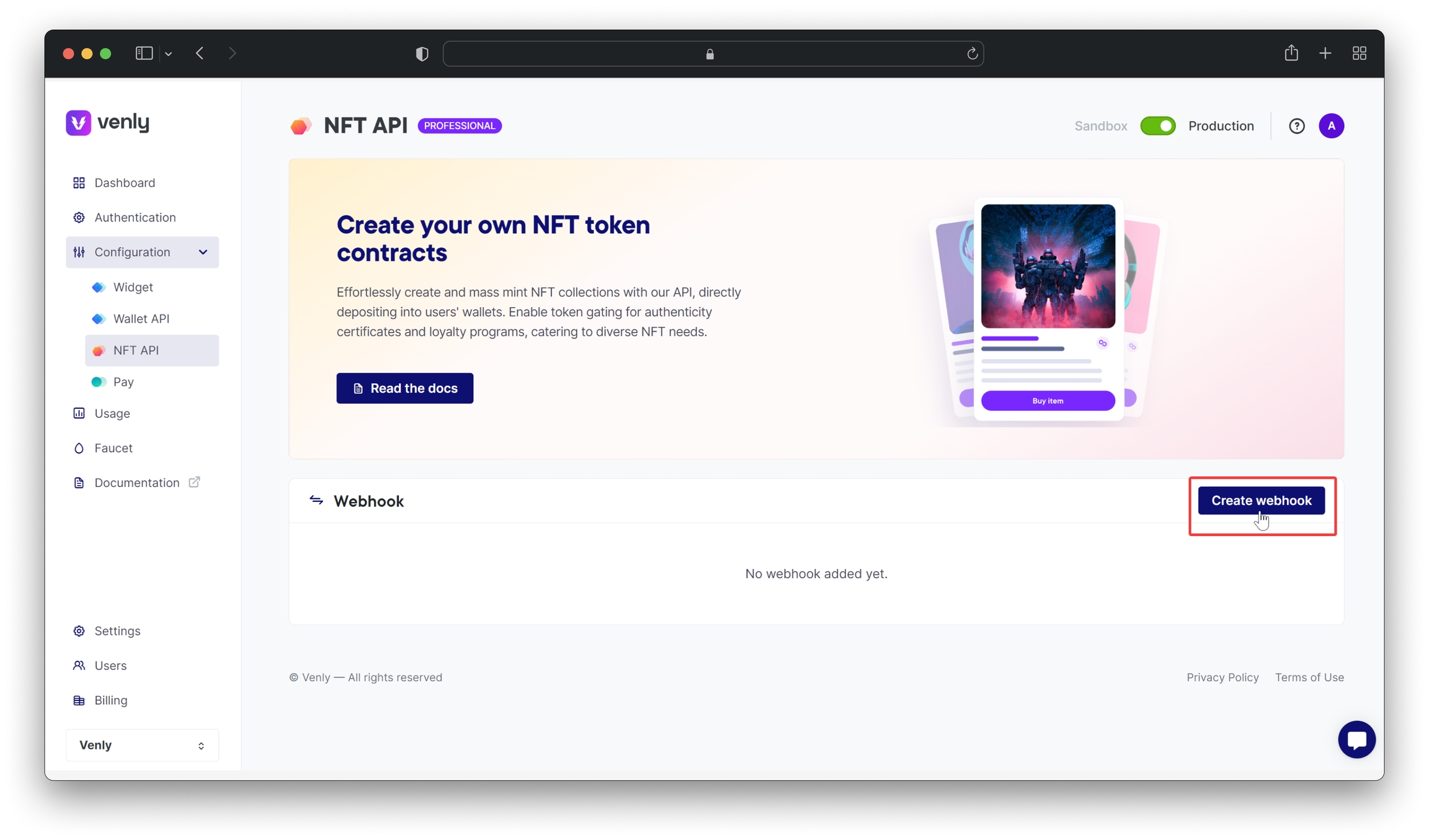 Creating a new Webhook for NFT API